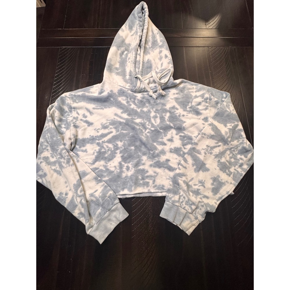 Chemistry Women Blue White Tie Dye Cropped Hoodie Sweatshirt Size S Raw Hem